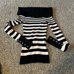 Striped Off-Shoulder Sweater - Black and White